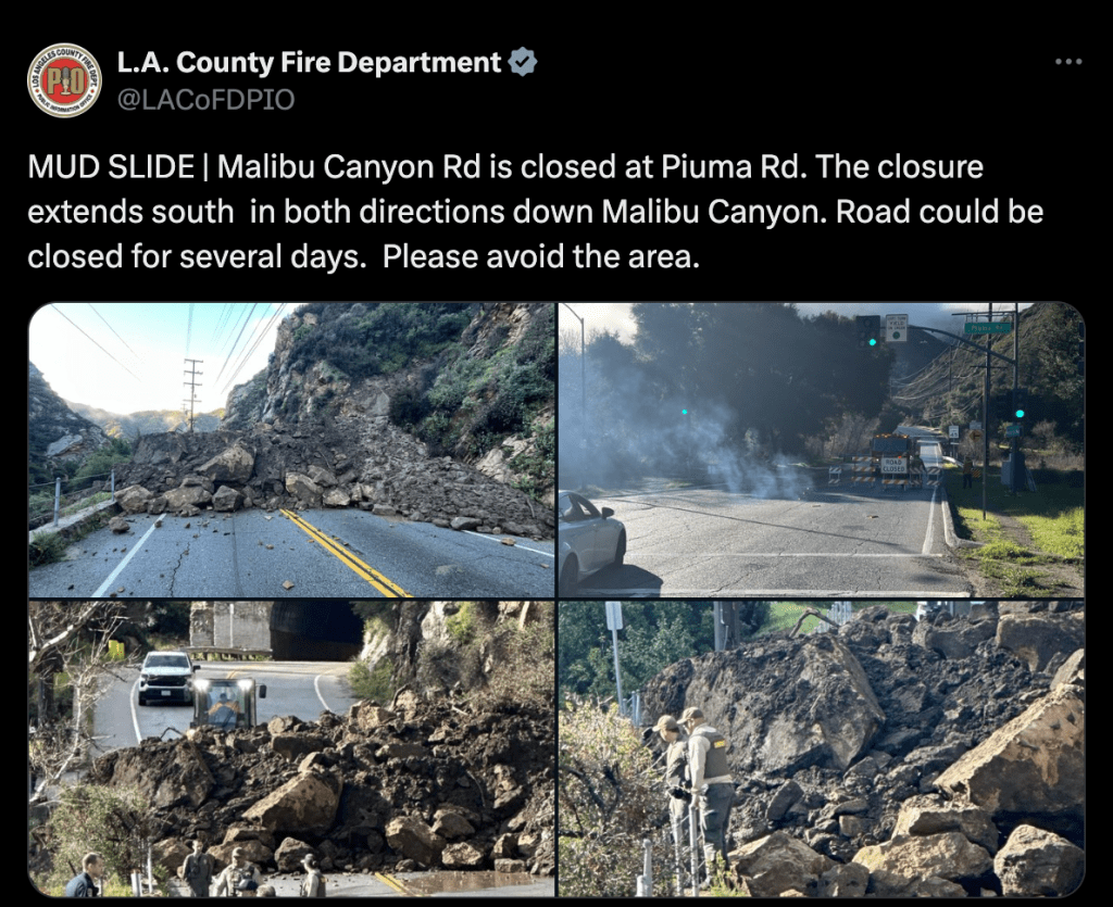 Rocks and mud blocked Malibu Canyon and Piuma roads Wednesday morning. Malibu Canyon is expected to remain closed for two to three days. Photos courtesy of L.A. County Fire